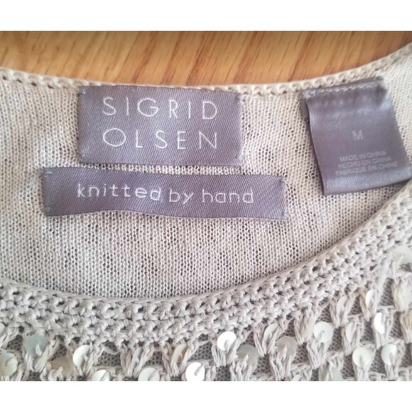 Sigrid Olsen Blouse Cream Beige Party Women's Sequins Hand Knitted Top M - Picture 2 of 12